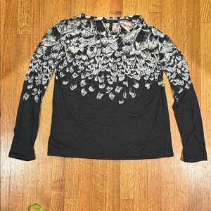 BCBG Maxazria Charcoal Gray and White Feather Print Long Sleeve Top Size Large